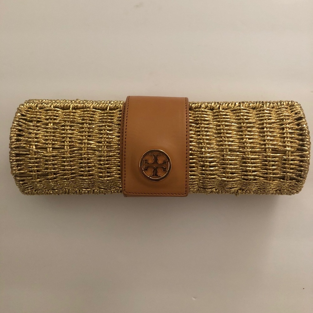 Tory Burch gold straw clutch